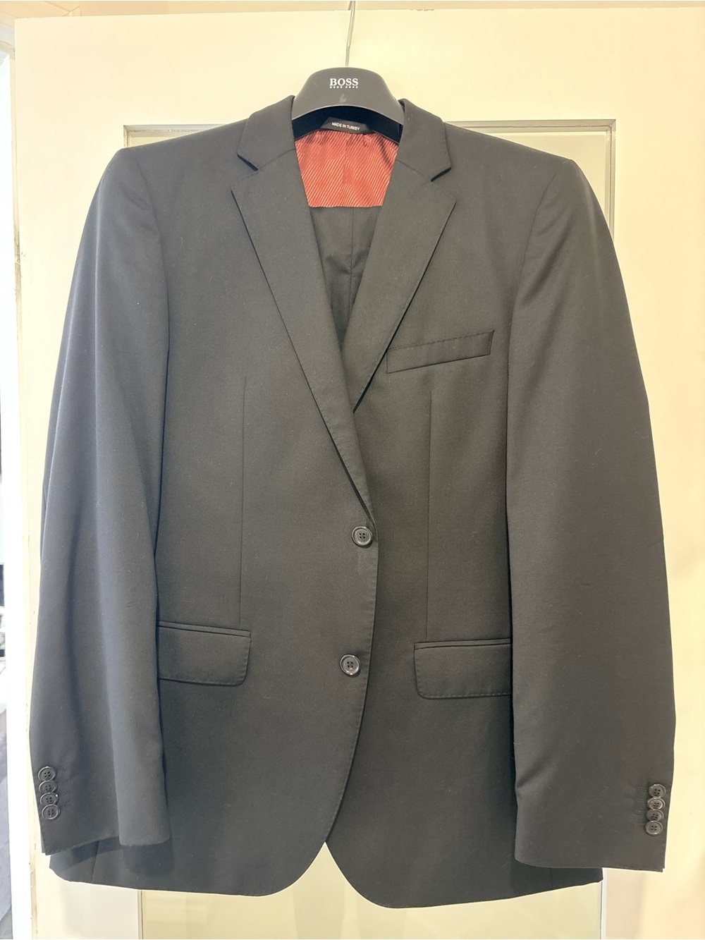 Hugo Boss Black Men's Two-Button Suit Jacket with Red Lining